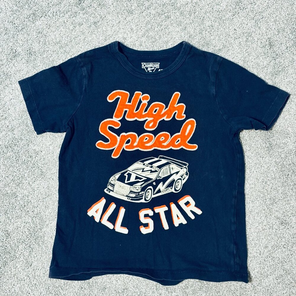 OshKosh Boys Navy Cotton Race Car Tee With Applique lettering, Size 4T